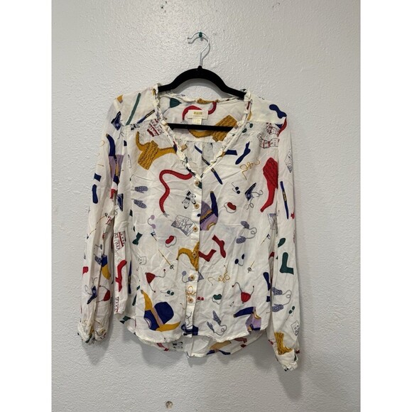 Anthropologie Maeve Snow Day Themed Button Up Blouse Ruffled Neck Novelty Sz 6 - Picture 3 of 7